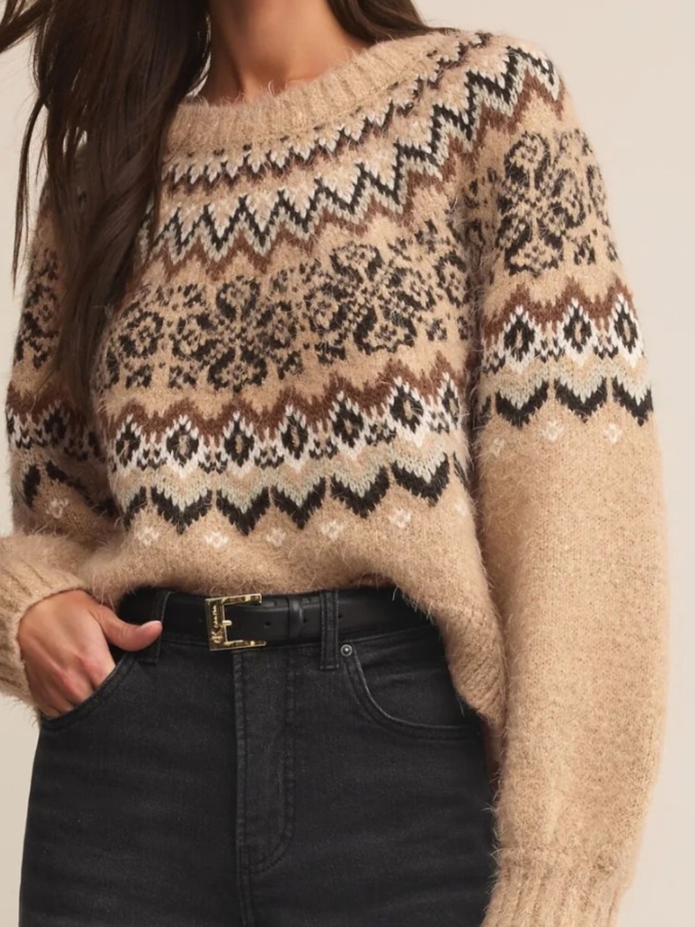 Z Supply Beige Fair Isle Crewneck Sweater